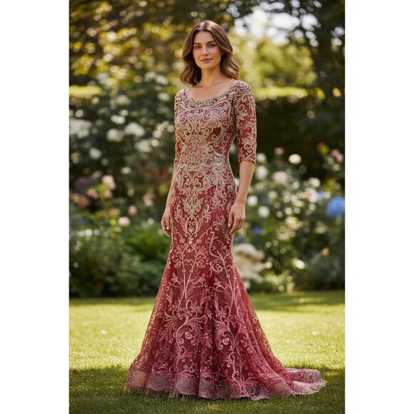 Ivonne D Exclusively for Mon Cheri Lace Applique Beaded Trumpet Gown – Size 6 - Picture 1 of 16